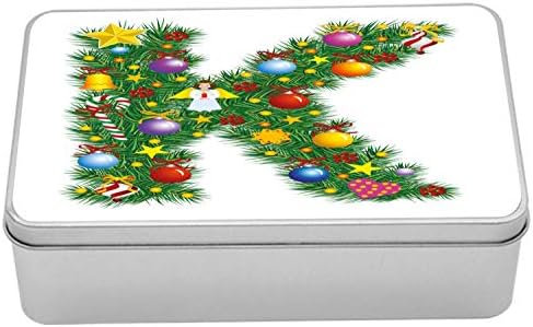 AMBESONNE PISMO K METAL kutija, slovo božićnog borovog stabla sa bablim slatkišima i anđelom, višenamjenskim pravokutnim limenom kutijom sa poklopcem, 7,2 x 4,7 x 2,2 , višebojna