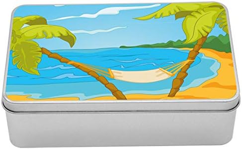 AMESONNE ART Blue Metal Box, crtani animirani tropski hadamski hammički hammock između palmi na plaži, višenamjenski pravokutni limenki kontejner sa poklopcem, 7,2 x 4,7 x 2,2 , višebojna