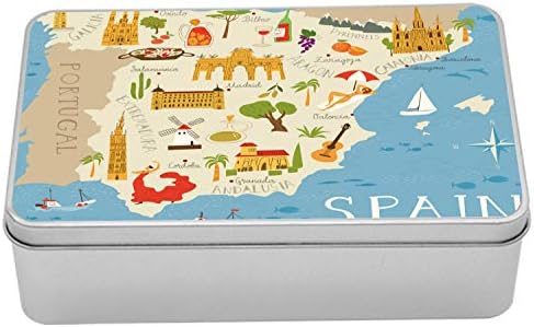 Ambesonne Travel Metal Box, visoko detaljna španjolska Mapiranje kaligrafije i poznatih državnih predmeta