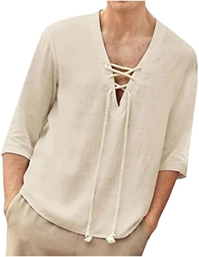 Muška pamučna platnena Henley košulja 3/4 rukava sa vezicama V vrat Ležerne majice za plažu Vintage hipi