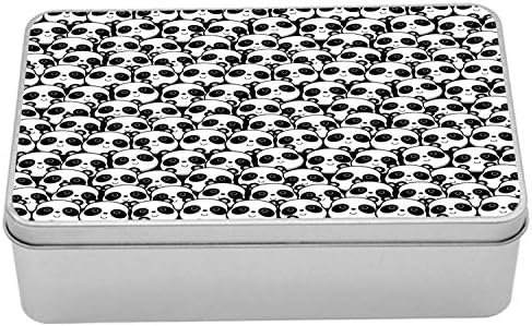 AMBESONNE Crno-bijela limenska kutija, jednobojna ilustracija pandas autohtonih kineskih ugroženih začina, prenosivi pravokutni metalni organizator s poklopcem, 7.2 x 4,7 x 2.2 , crno bijelo