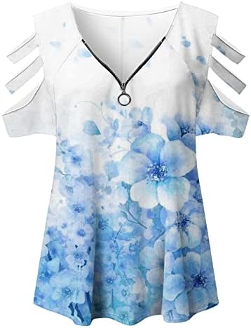 Zip Up top Shirt za žene jesen ljeto kratki rukav s ramena pamuk duboki V izrez grafički Print cvjetna košulja XB