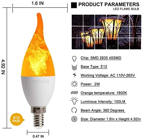 6 paketa LED simulirane sijalice sa Svijećnjacima od vatrenog treperenja,2W 1800k toplo bijelo treperenje E12 svjetlo sa efektom plamena,3 načina osvjetljenja emulacija, općenito, disanje za unutrašnju i vanjsku dekoraciju