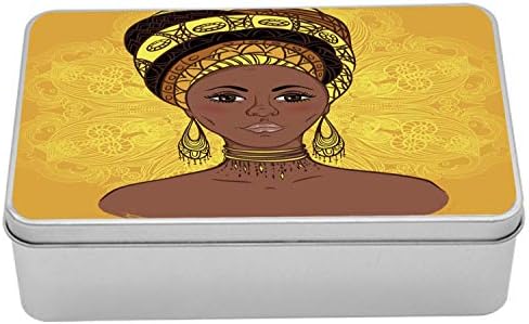 AMBESONNE AFRICAN METAL kutija, portret za turban ukrašena mandala nadahnuti okrugli motiv, višenamjenski pravokutni limenki kontejner sa poklopcem, 7.2 x 4,7 x 2,2 , žuto smeđi kakao
