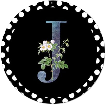 Monogram s prednjim vratima Inicijal J vijenac Okrugli metalni znak Abeceda Bijela cvjetna polka Dot Metalni