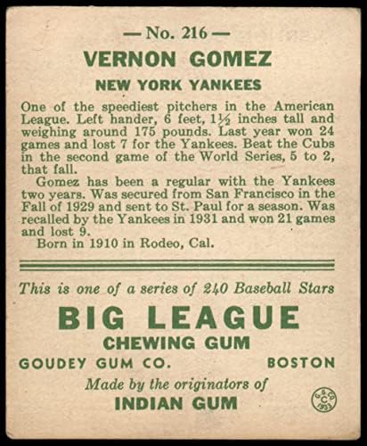 1933 Goudey Regular Card # 216 Vernon Gomez iz New York Yankeesa dobro