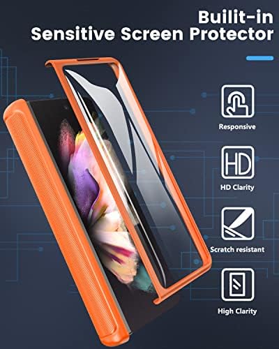 Viaotaily za Samsung Galaxy Z Fold 3 futrola sa držačem kreditne kartice & amp; zaštita šarki & zaštita ekrana, zaštitna čvrsta izdržljiva torbica za novčanik za cijelo tijelo za Z Fold 3 5G 2021, narandžasta