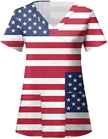 4. jula majice za žene američke zastave ljetna kratka rukava V vrat majica sa 2 džepa bluze praznična Ležerna