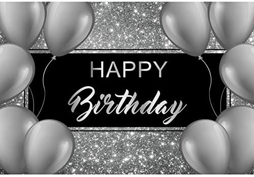 Laeacco Happy Birthday backdrops 10x6. 5ft crna i srebrna Glitter Birthday Backdrops za muškarce sivi baloni