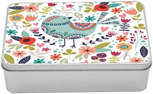 AMBESONNE TINC TINCIN CINA, folklorna ukrasna ptička životinja sa botaničkim cvjetnim dizajnerskim ilustracijama, prenosivi pravokutni metalni organizator s poklopcem, 7.2 x 4,7 x 2.2 , višebojna