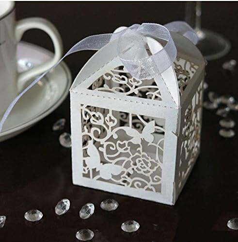 Zorpia® New 50 pakovanje bijelo ljubavi Leptir Laser Cut Favorit Candy Box Bomboneere sa vrpcama Bridal