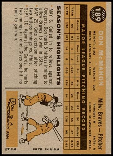 1960. topps 189 Don McMahon Milwaukee Braves NM Braves