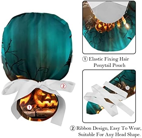 Medicinske kape za žene sa tipkama Duga kosa, 2 komada Podesiva radna kapa, Halloween Pumpkins Witch Ghosts