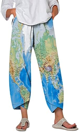 LMSXCT Capri pantalone za žene Mjesto karta Ispis elastičnih struka pamučne pantalone labavo plaža na široku nogu obrezane hlače sa džepovima
