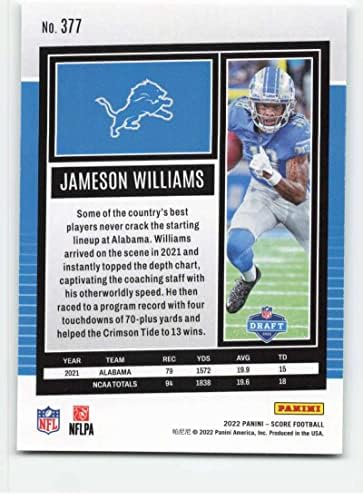 2022 Ocjena 377 Jameson Williams Rc Rookie Detroit Lions Fudbal NFL