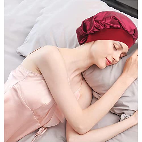 ARQUMI paket od 2 satenskog spavanja za muškarce i žene, mekani satenski poklopac sa satenom sa širokim obodom, elastičnom kapicom za spavanje za kratku kosu, crna + crvena