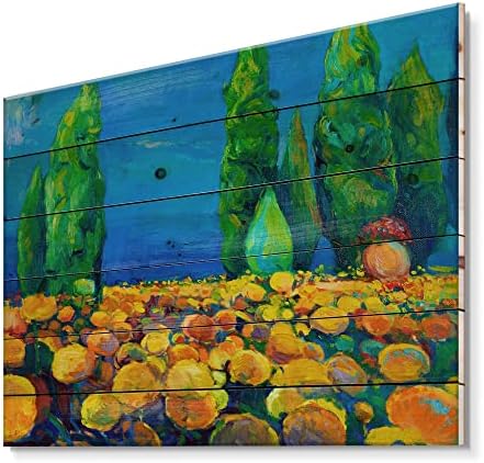 DesignQ žuti cvjetni pejzaž sa zelenim drvećem tradicionalnog drvenog zida drveta, žuta zidna zida umjetnost,