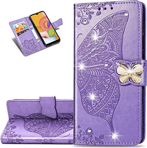 LEMAXELERS Samsung Galaxy J3 2018 Case Bling Diamond Butterfly reljefni novčanik Flip PU Koža magnetna kartica slota sa postoljem poklopac za Samsung Galaxy J3 2018 Diamond Butterfly Light Purple SD