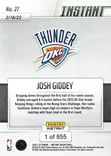 2021-22 Panini Instant Basketball # 27 Josh Giddey Rookie Card Thunder - samo 855 napravljen