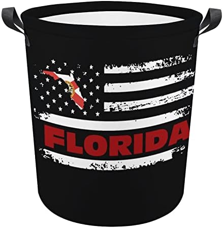 Vintage Florida korpa za veš sa američkom zastavom sa ručkama okrugla sklopiva korpa za odlaganje veša za spavaću sobu kupatilo