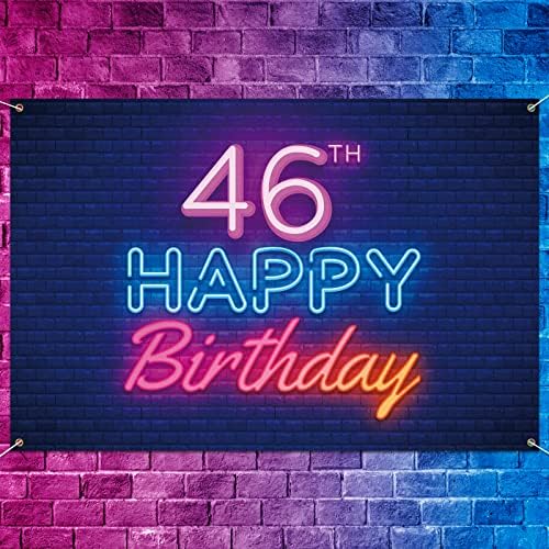 Glow Neon Happy 46th Birthday Backdrop Banner Decor Black-Colorful Glowing 46 Years Birthday Party theme Decorations for Men Women Supplies