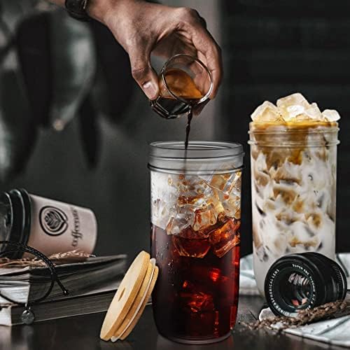 JVJRFQ Cups pitke staklene čaše, 24oz ledena šalica za kafu sa poklopcima i slamkama širokih usta koji se