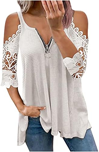 Plus veličina hladnog ramena majica za žene zip v izrez Dressy majice čipka šuplje bluze od punog ležernih