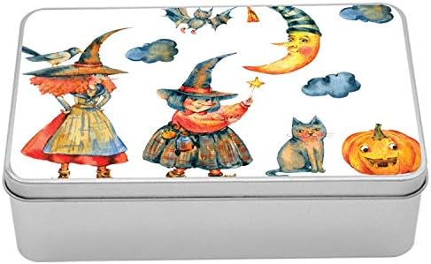 AMBESONNE MAGIN MONEL METAL kutija, Halloween bundeve polumjesec Kitcolor crtež starih vještica u višenamjenski
