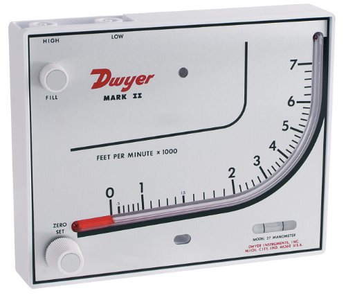 Dwyer® oblikovani plastični manometar, Mark II 27, 0-7000 FPM, zahtijeva pitot cijev