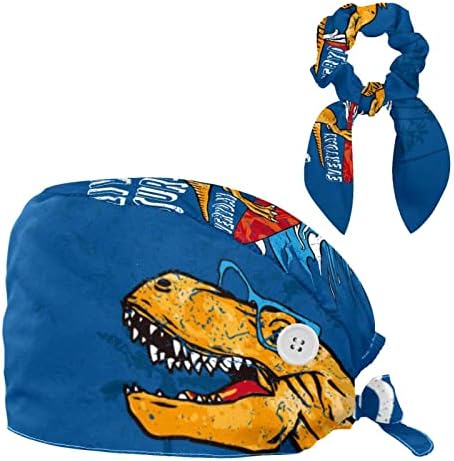 Radna kapa sa dugmetom za žene, Unisex piling Bouffant kape, Dinosaur plavi uzorak podesivi Trakasti šešir