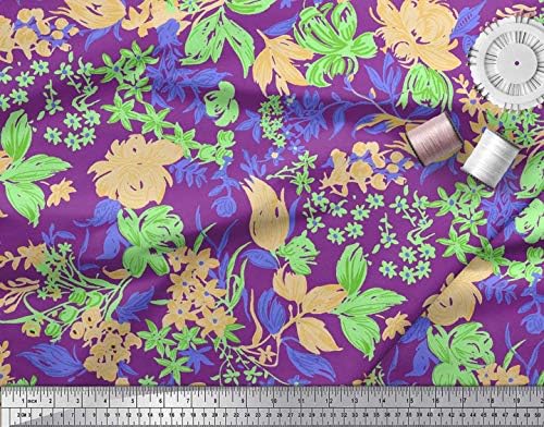 Soimoi Silk Fabric Leaves & Floral Artistic Print šivanje fabric Yard 42 Inch Wide