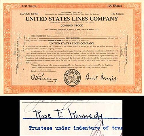 United States Lines Co. potpisao Rose F. Kennedy za Trust of Joseph P. Kennedy-Autograph shipping Stock