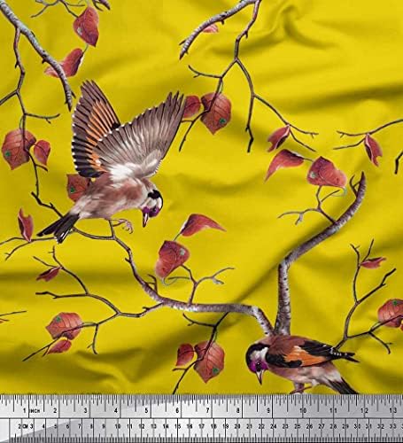 Soimoi žuta pamučna Kambrična tkanina suho lišće & Goldfinch Bird štampana tkanina 1 Yard 58 inch Wide