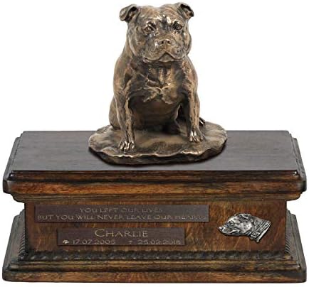 Stafordski bul terijer, urna za spomen pepeo psa sa statuom, imenom i citatom ljubimca-Artdog personalizovan