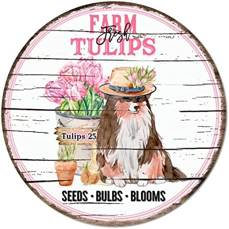 Okrugli metalni znak ružičaste farme svježi tulipani i psi za kućne ljubimce sijalice cvjetaju klasični