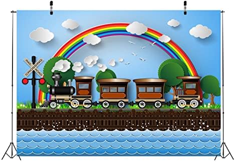 BELECO 7x5ft tkanina Cartoon Train Pozadine za fotografiju Railroad parni voz pozadina plavo nebo Rainbow