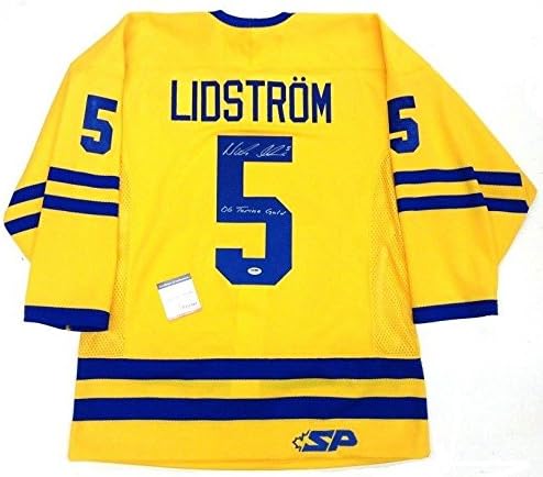 Nicklas Lidstrom potpisan tim Švedska Olimpijski zlatni autentični žuti dres PSA / DNK - autogramirani NHL