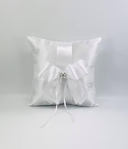 Bijeli satenski prsten nosilac jastuk sa Rhinestones & biser Akcenti - prsten nosilac jastuk - vjenčanje