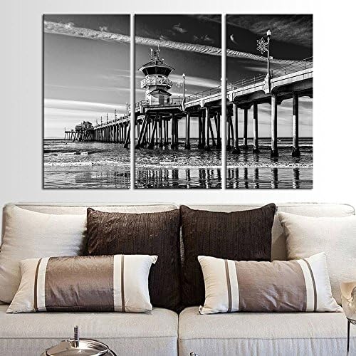 sechars 3 Panel crna i Wihte okeanska zidna Umjetnost Kalifornija Huntington plaža Pier slika fotografija