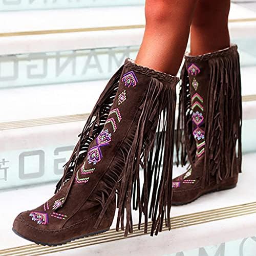 Masbird čizme za žene koljena High Western Fringe okrugli cipele Chunky Tassel Platform Boots Womens Cowboy