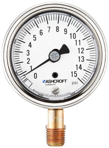 Ashcroft Duralife tip 1009 merač suvog punjenja od nerđajućeg čelika, cijev od nerđajućeg čelika i bronzana utičnica, veličina brojčanika 2,5, 1/4 NPT donja veza, Raspon pritiska 0/15 psi