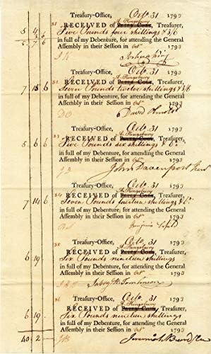 Nalog za plaćanje nakon Revolucionarnog rata iz 1793. - list sa šest potvrda o uplati