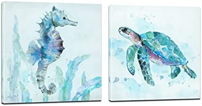 Zessonic Sea Turtle zidni dekor za kupatilo - Teal morska kornjača i morski konjić Obalno umjetničko djelo