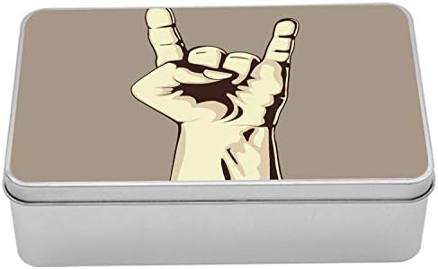 AMBESONNE ROK GLAZBA METALNA KUTIKA, DEVIL znak Vintage ilustracija ručna gesta apstraktni muzički elementi, višenamjenski pravokutni limenki kontejner sa poklopcem, 7,2 x 4,7 x 2,2 , taupe bjelokosti