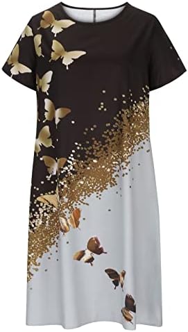 Prolećna haljina za žene 2023 Casual Print kratki rukav Crew vrat lepršave midi haljine na plaži sa džepom