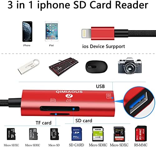 [Apple MFi Certified] čitač SD kartica za iPhone iPad, QIMIAOUS 3u1 Lightning za Micro SD čitač memorijskih