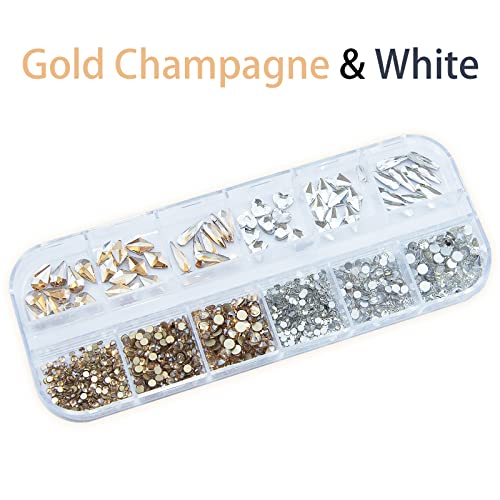 1260kom bijeli i Zlatni šampanjac kamenčići za nokte Flatback Gems kristali staklo više oblika veličine