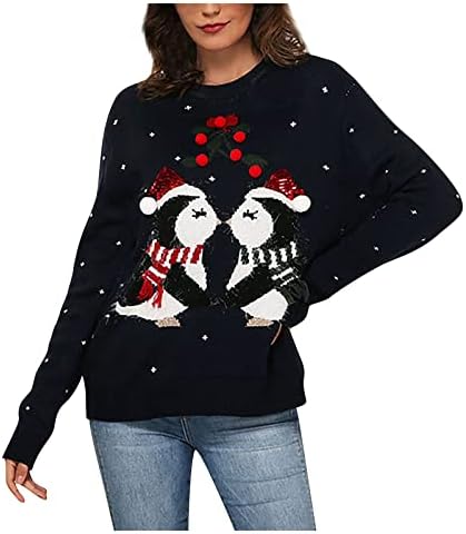 Ymosrh Ženski ružni božićni džemper modni santa vezeni okrugli vrat pleteni džemper sa džemper-dukserica