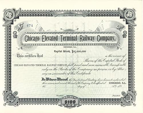 Chicago Povišen Terminal Railway Co. - Certifikat o željezničkim dionicama - grana pruge Atchison Topeka